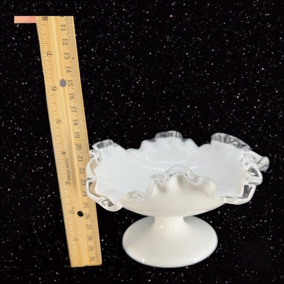 Fenton Silver Crest Footed Bowl Ruffle Edges Milk Glass Clear Edge Vintage VTG - Picture 5 of 10